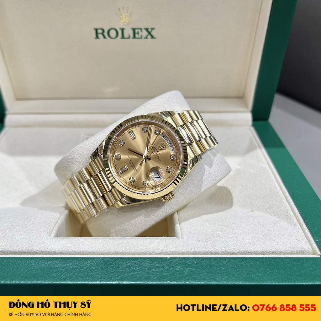 Rolex Day-Date Fake 1:1 36 128235 Mặt Số Hồng Nạm Kim Cương