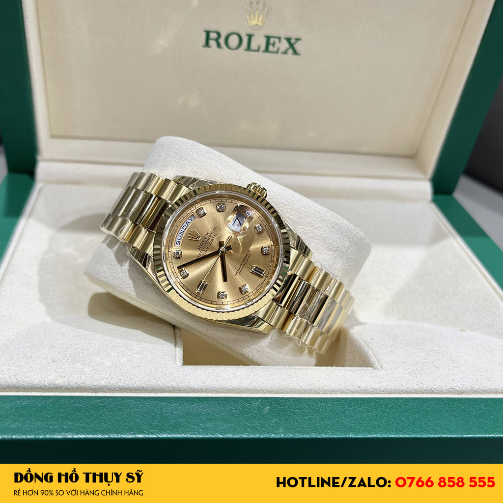 Rolex Day-Date Fake 1:1 36 128235 Mặt Số Hồng Nạm Kim Cương