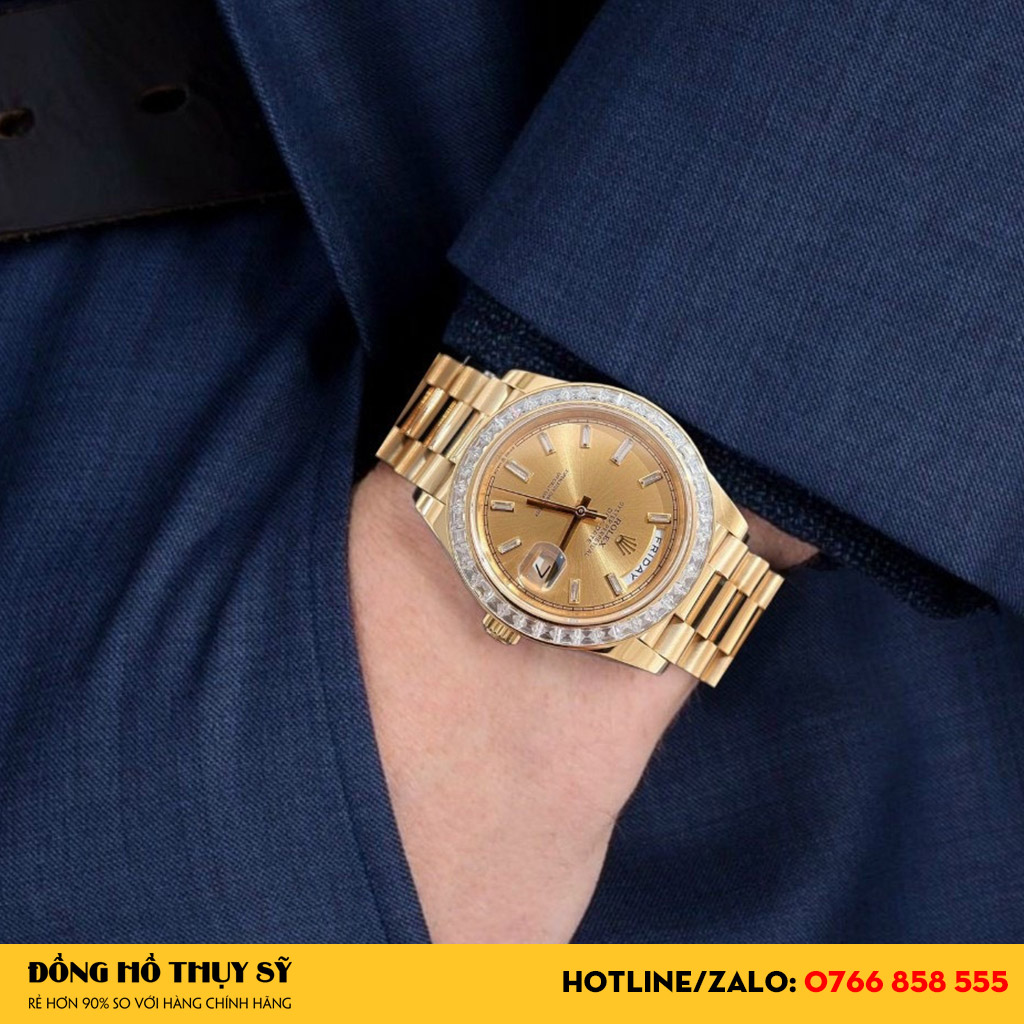 Đồng Hồ Rolex Day-Date Replica 40 228238 Mặt Số Vàng Champagne Nạm Kim Cương Vành Kim Cương Bagutte