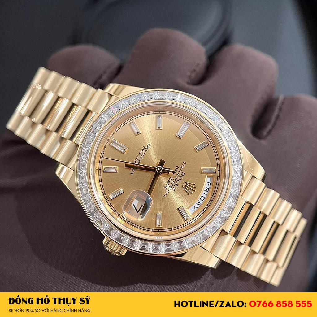 Đồng Hồ Rolex Day-Date Replica 40 228238 Mặt Số Vàng Champagne Nạm Kim Cương Vành Kim Cương Bagutte