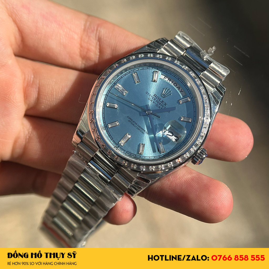 Đồng Hồ Rolex Like Auth Day-Date 118346 Mặt Số Ice Blue Cọc Số Kim Cương