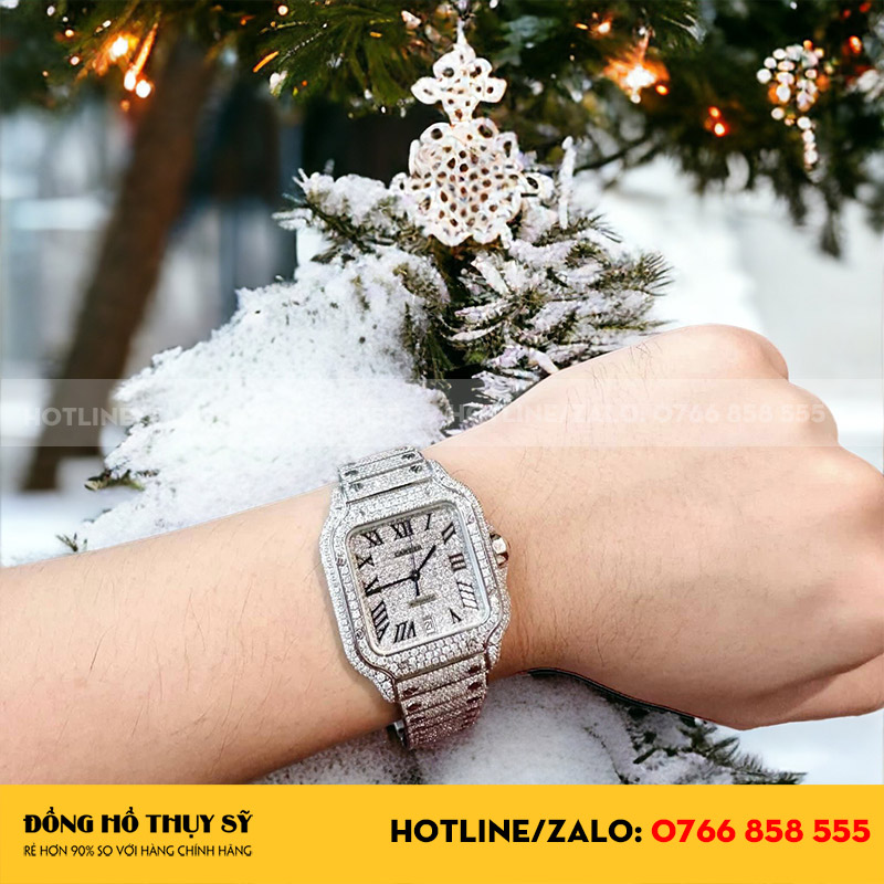 Đồng hồ cartier santos chế tác full moissanite hongkong 