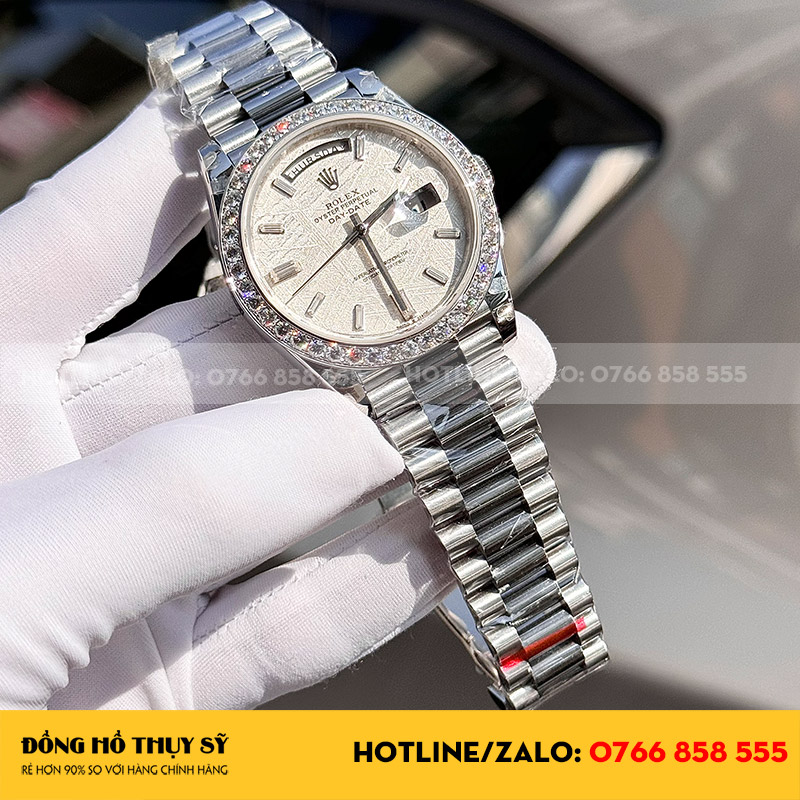 Đồng hồ rolex daydate độ mặt thiên thạch viền kim cương moissanite 40mm 