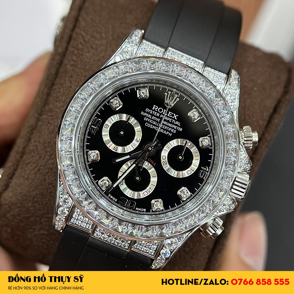 Dây đeo Đồng Hồ Rolex Daytona 116519 Mặt Số Đen Viền Full Đá Replica cao su độc đáo