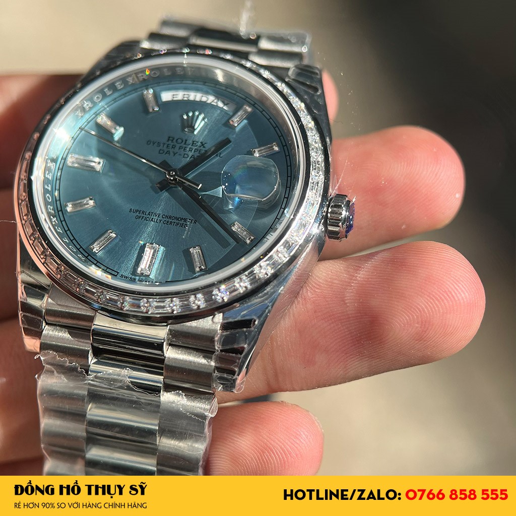 Bộ khung Đồng Hồ Rolex Like Auth Day-Date 118346 Mặt Số Ice Blue Cọc Số Kim Cương bền đẹp