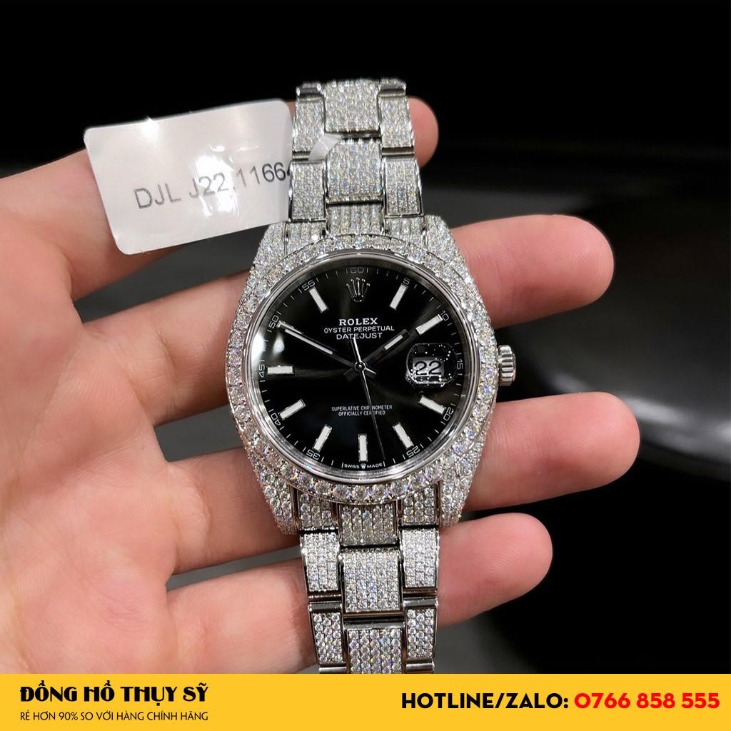 Vẻ đẹp ấn tượng Đồng Hồ Rolex Replica Datejust Mặt Số Đen Độ Full Kim Cương Moissanite