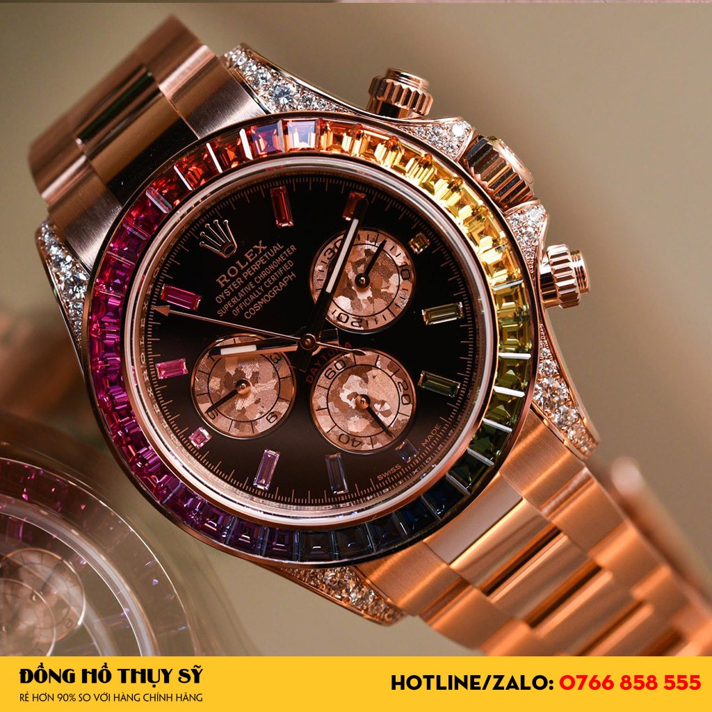 Dây đeo Đồng Hồ Rolex Super Fake Daytona Rainbow Everose Gold 116595 dạng 3 mắt nối