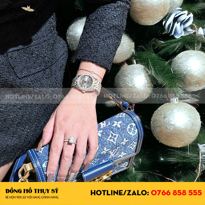 Rolex datejust 31 nữ demi yellow gold độ viền moissanite 